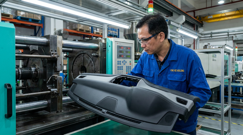 What Is the 2K Process in Injection Molding? Two-Shot Moulding Explained Chinese tooling engineer inspecting dual-colour 2K injection moulded automotive component