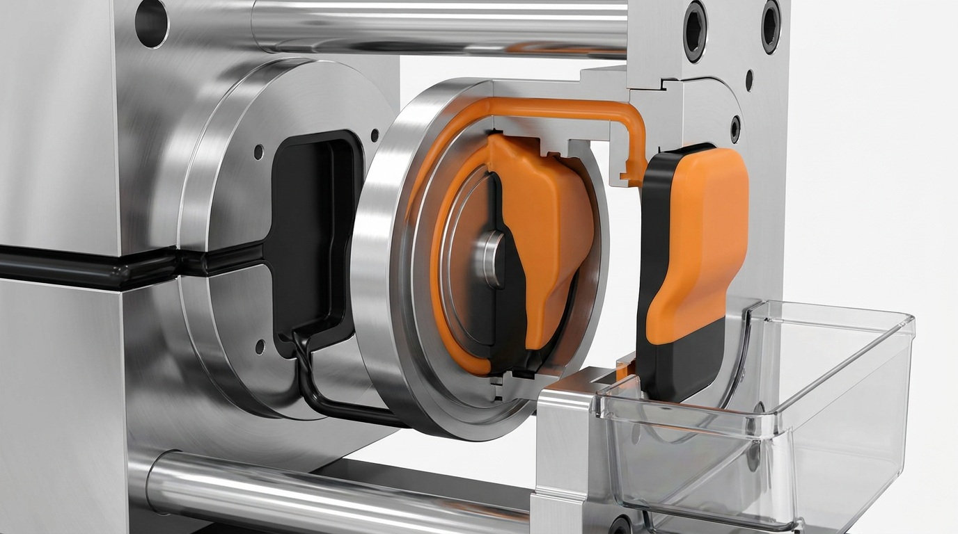 2K two-shot injection molding process showing rotating mold