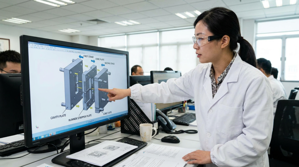 What Is a 3-Plate Mold? Complete Guide to Three-Plate Injection Mould Design Chinese female mould designer explaining 3-plate mould cross-section diagram in engineering office