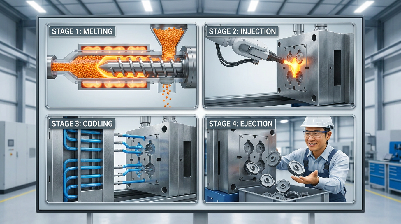 Four stages of injection molding: melting, injection, cooling, ejection