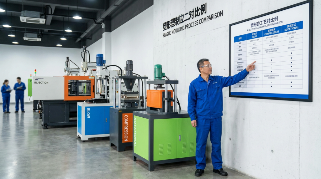 Chinese engineer explaining the 4 types of plastic moulding processes in factory