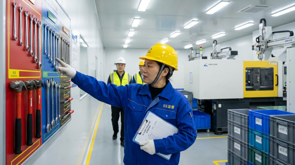 Chinese female factory supervisor conducting 5S audit on injection moulding factory floor