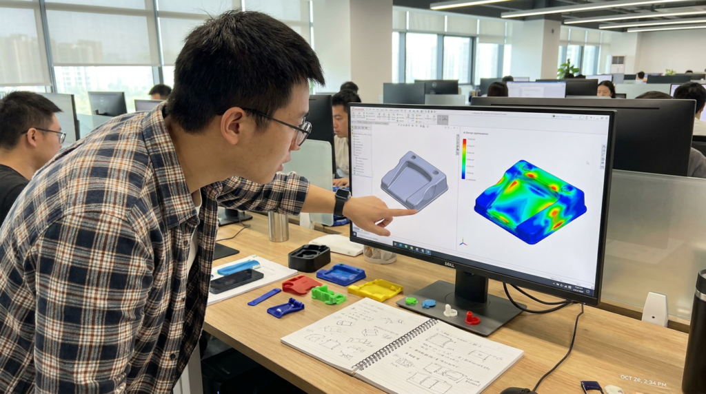 Young Chinese engineer reviewing AI-generated CAD design optimization on computer with injection moulded part samples