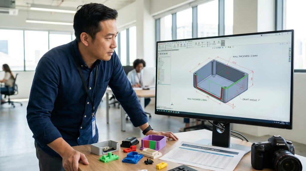 What Is the Cheapest Way to Injection Mold? 7 Proven Cost Reduction Strategies Chinese product designer reviewing CAD part design and cost comparison for injection moulding