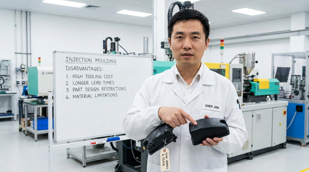 What Are the Disadvantages of Injection Molding? 9 Key Limitations Explained Chinese engineer comparing defective and perfect injection moulded parts in factory