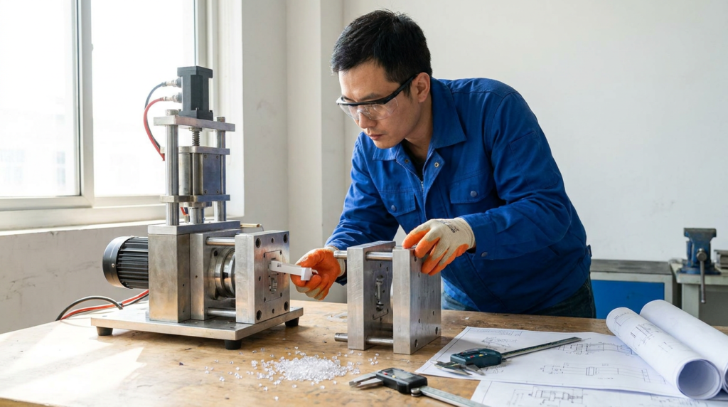 Chinese technician operating a desktop injection molding machine in workshop