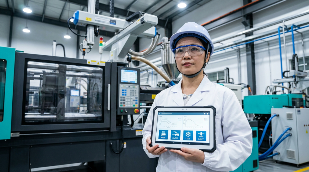 Chinese female engineer reviewing injection molding process data on factory floor