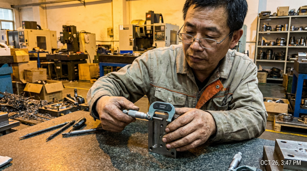Chinese toolmaker measuring injection mold steel insert with micrometer in workshop