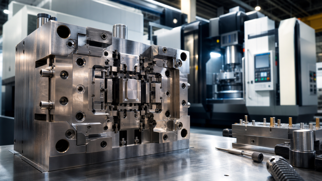 Precision injection mold in a modern CNC machining workshop