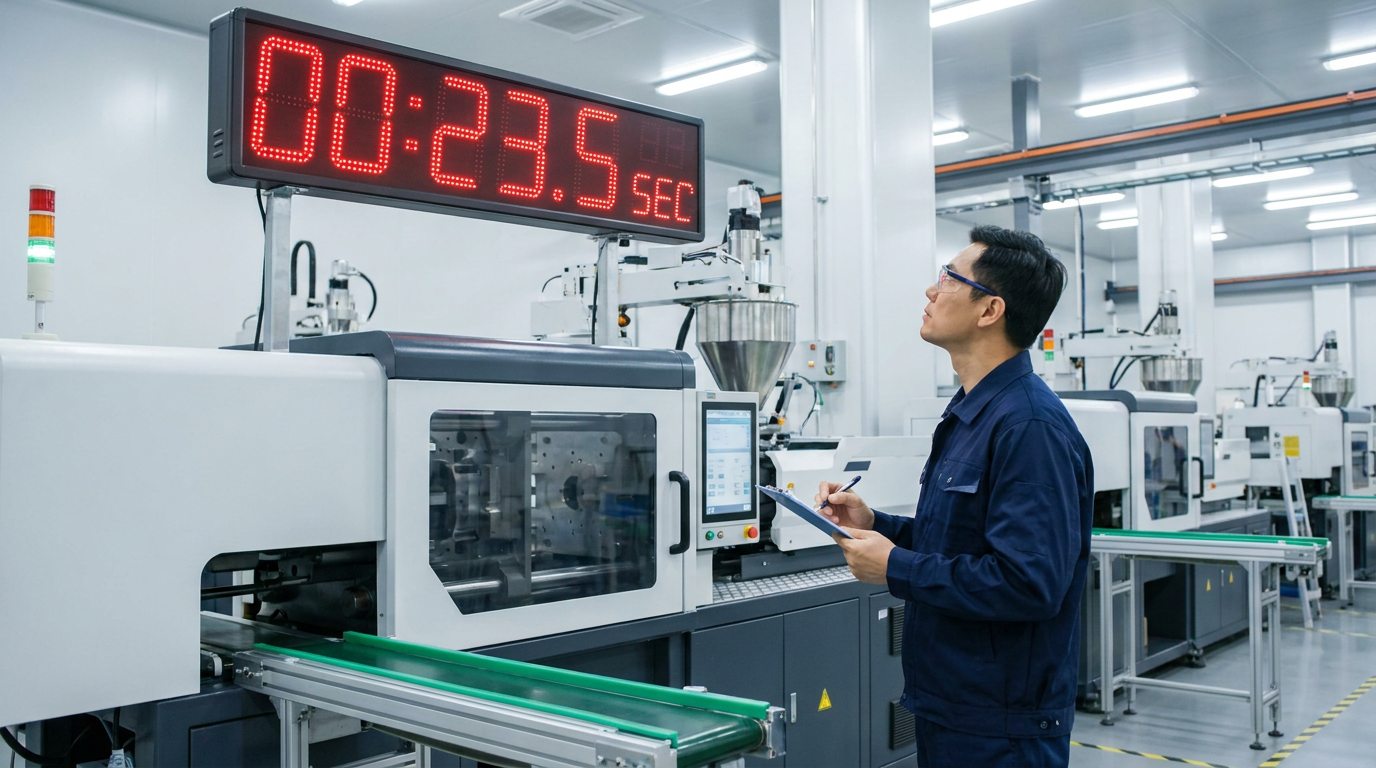 Injection molding cycle time display showing 23.5 seconds