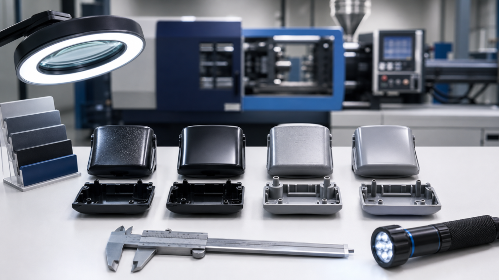 Plastic injection molded parts inspected for defects at a quality control station