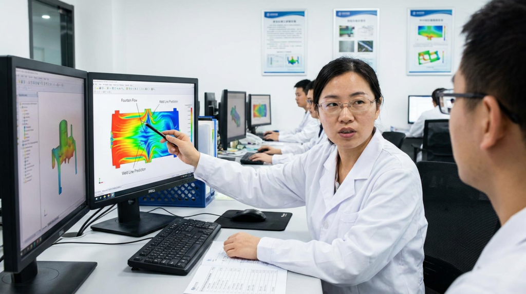What Is the Flow Pattern of Injection Molding? Fountain Flow, Weld Lines and More Chinese female mold flow engineer analyzing Moldflow simulation showing flow front patterns and weld lines