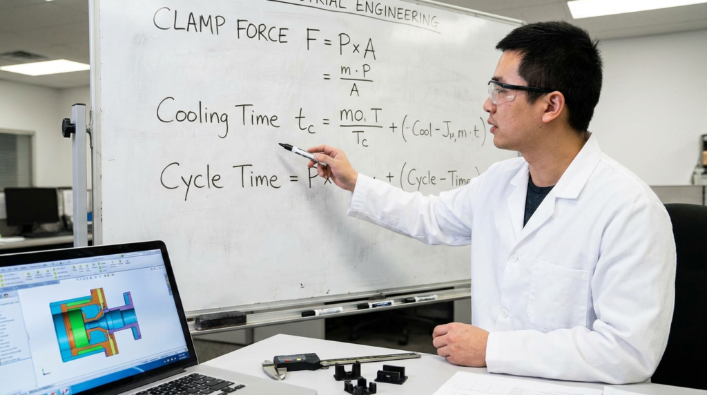 Chinese process engineer explaining injection moulding formulas on whiteboard including clamp force and cooling time equations