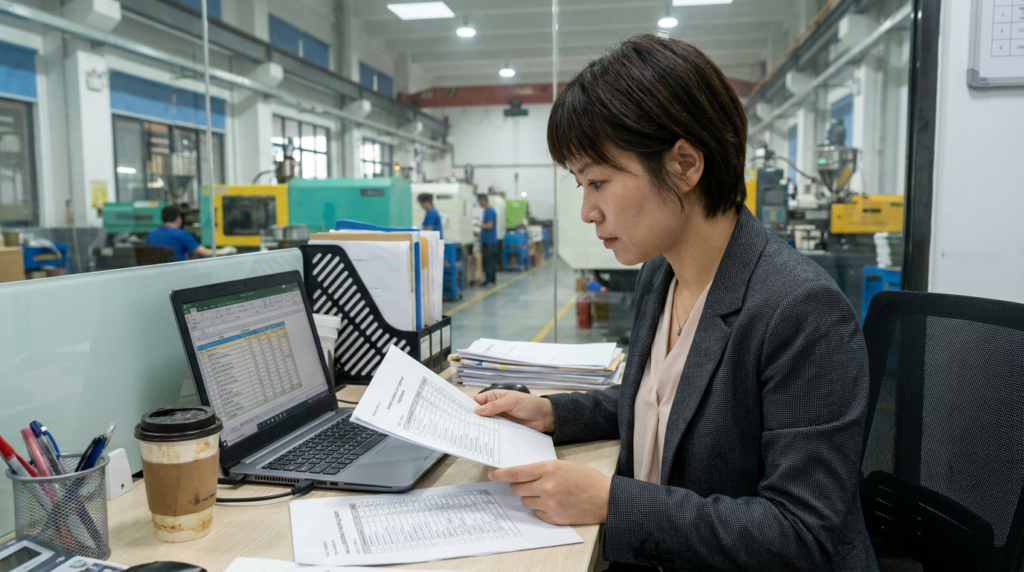 Chinese procurement manager reviewing injection moulding cost quotation in factory office