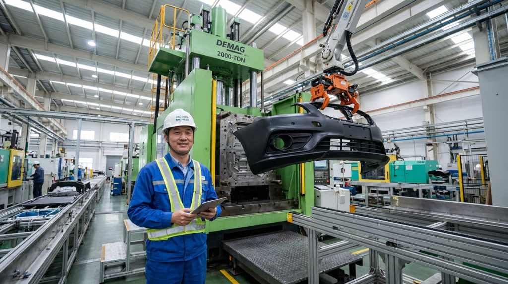 Can You Injection Mold Large Parts? Machine Requirements, Design and Applications Chinese process engineer standing in front of large 2000-ton injection molding machine producing automotive bumpers