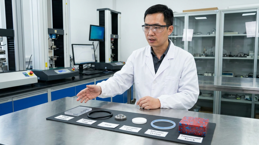 Is Injection Molding Only Plastic? Metal, Rubber, Silicone, and Ceramic Injection Moulding Explained Chinese materials engineer displaying injection moulded samples of plastic rubber metal ceramic and silicone