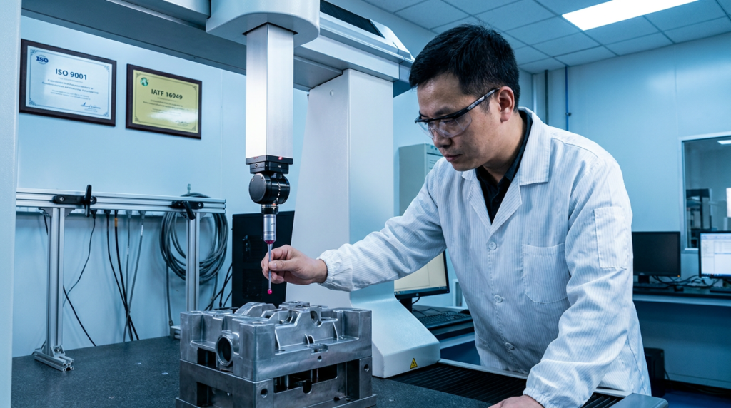 Chinese quality engineer operating CMM machine for precision mold inspection