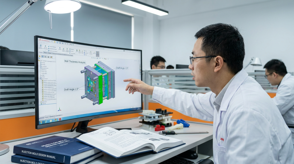 Chinese mould design engineer reviewing CAD design with wall thickness and draft angle annotations