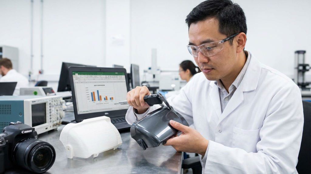 Is Injection Molding Cheaper Than 3D Printing? A Complete Cost Comparison Chinese engineer comparing 3D printed prototype and injection moulded production part side by side