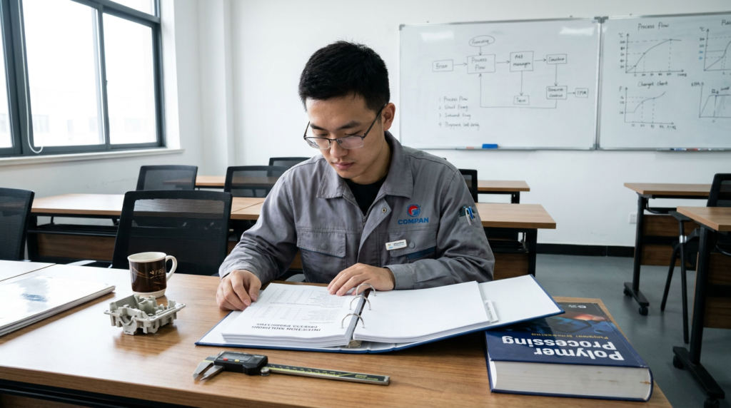 Young Chinese engineer studying injection moulding process parameters in factory training room