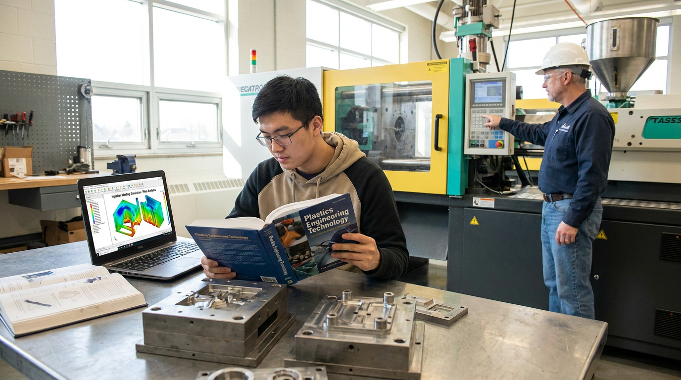Student learning injection molding with textbook and simulation software