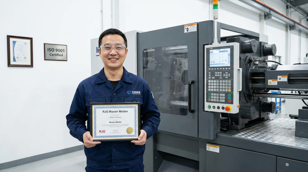 Chinese injection moulding engineer holding RJG certification diploma in factory