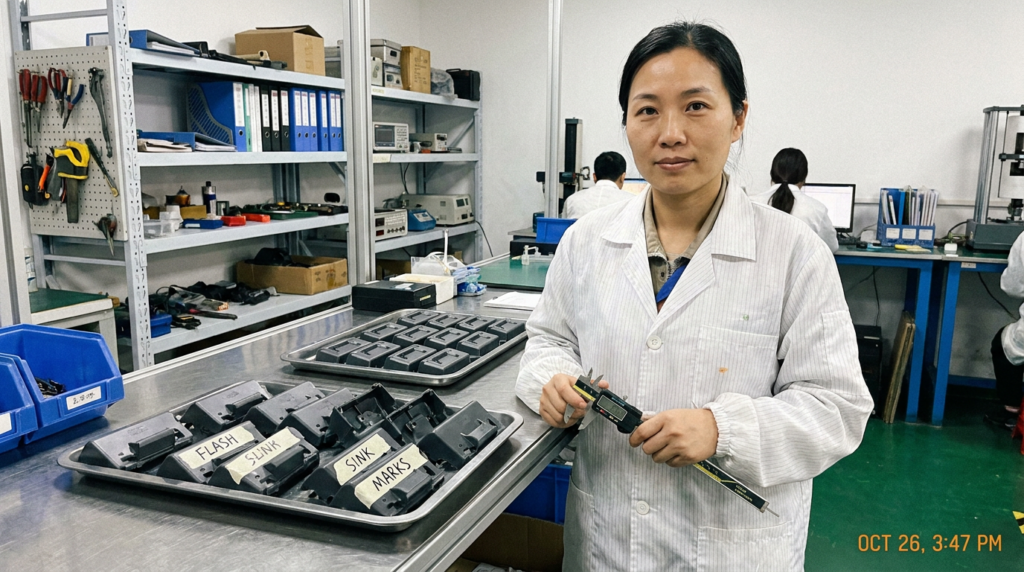 Chinese female quality engineer comparing defective and perfect injection moulded parts at inspection table