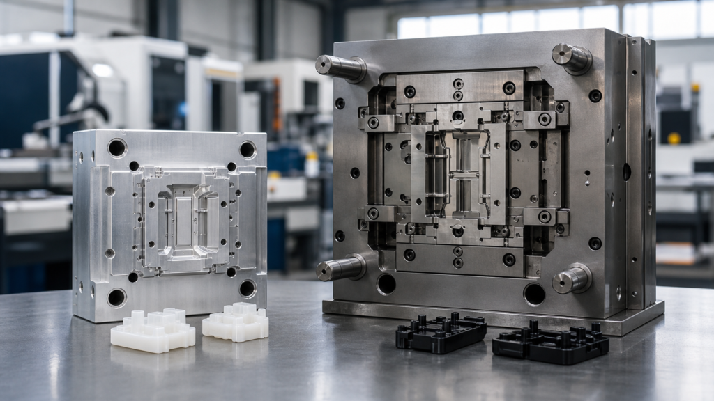 Prototype mold and production mold compared on a precision manufacturing workbench