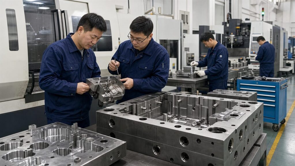 Chinese mold engineers inspecting hardened steel mold cavities and die inserts in a CNC mold factory