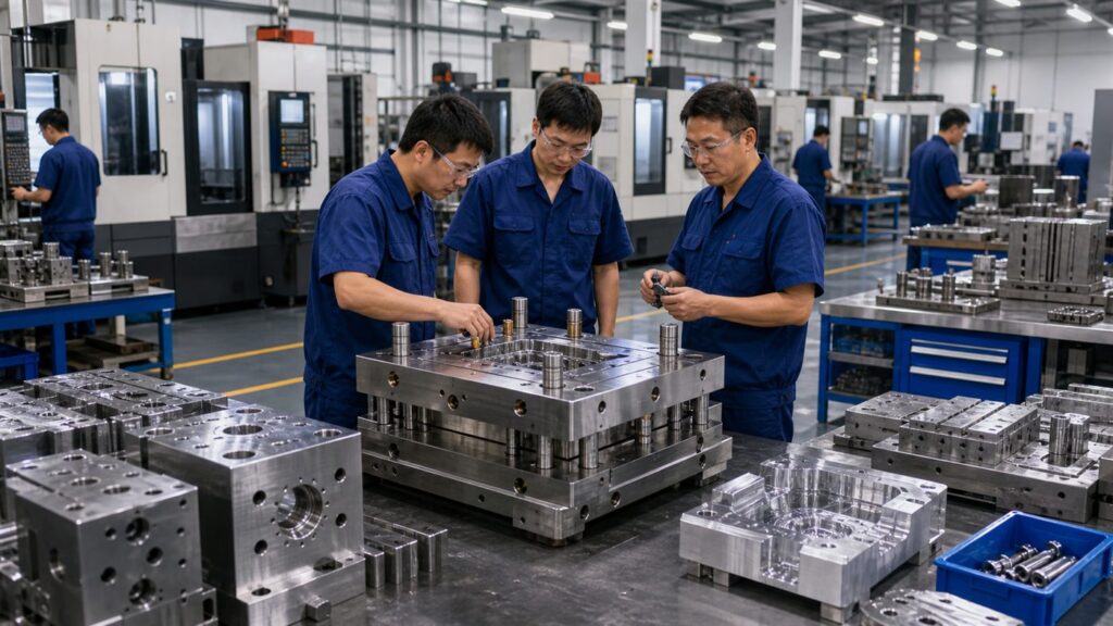 Chinese mold factory technicians inspecting steel and aluminum mold materials beside CNC machines