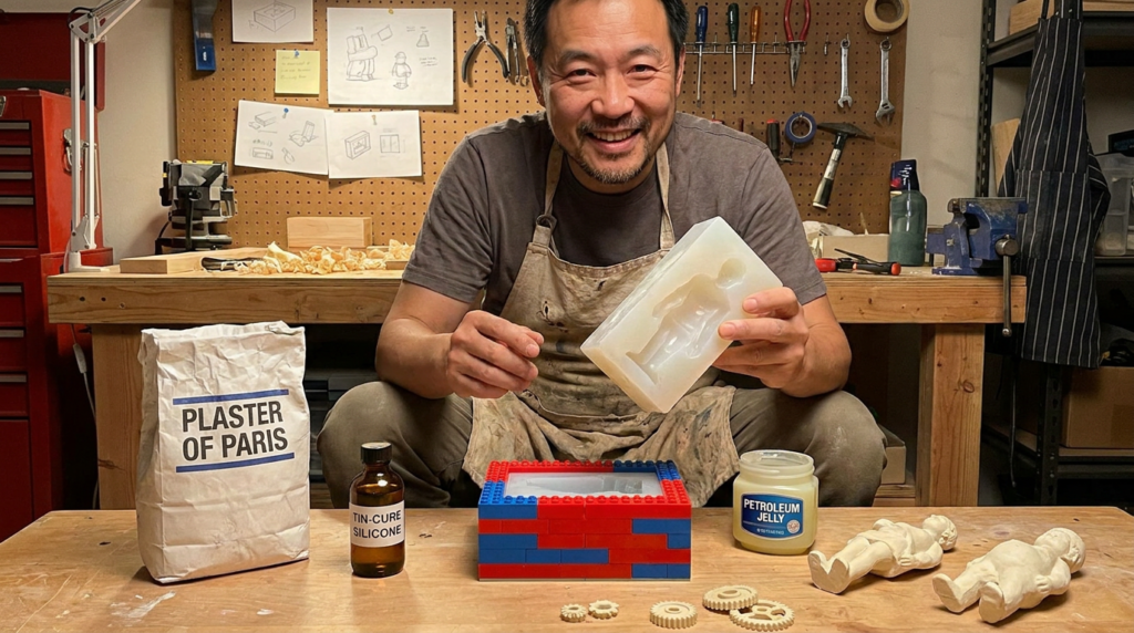 Chinese DIY enthusiast with budget mold making supplies including plaster silicone LEGO mold box