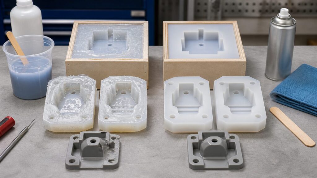 Workshop comparison of flawed and well-made silicone molds with mold making tools