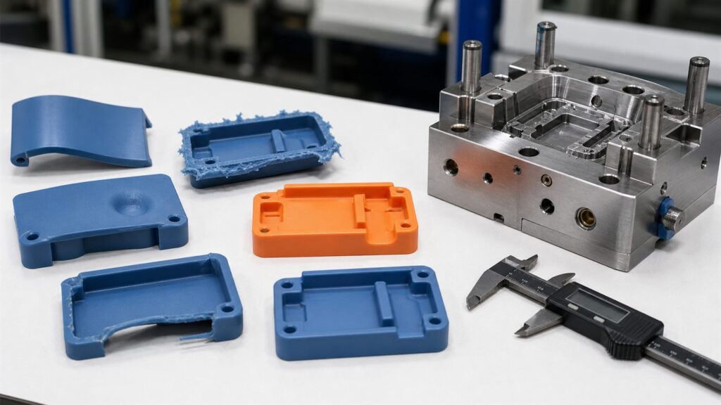 Injection molding defect samples with calipers and mold insert on a quality control bench