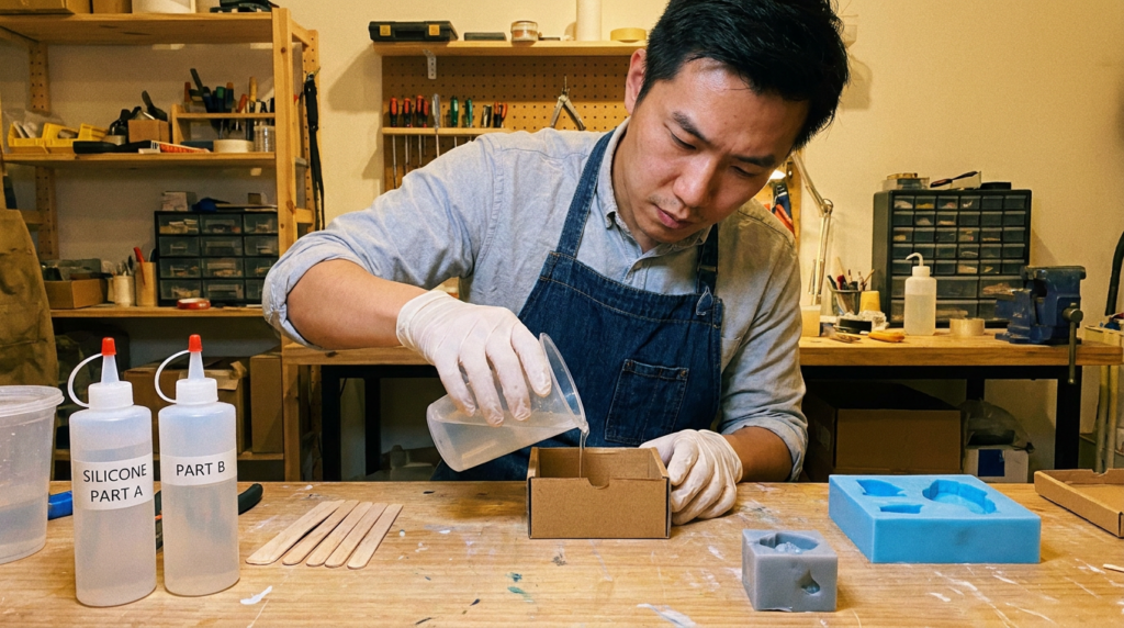 Chinese maker pouring liquid silicone into mold box at home workshop bench
