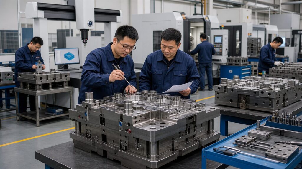 Chinese mold quality engineers inspecting a large steel mold base for defects and dimensional accuracy