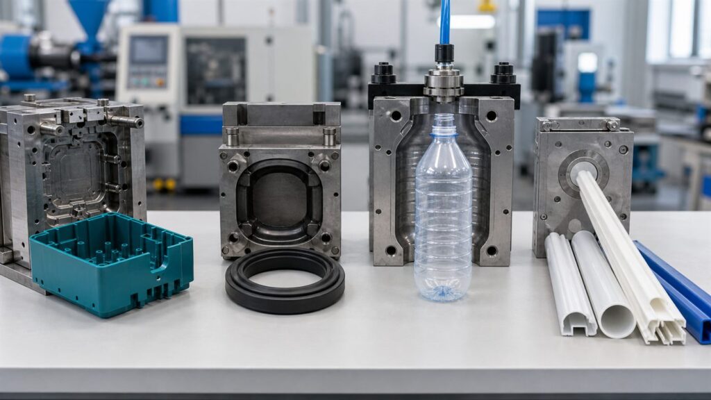 Four moulding process examples including injection molded housing, rubber gasket, bottle, and extruded plastic tube