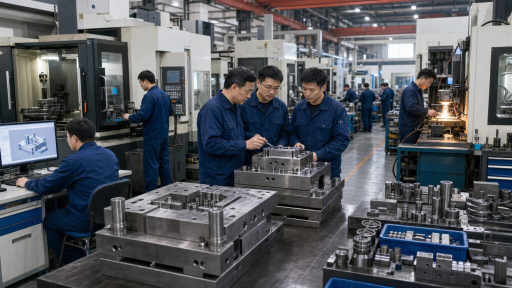 Chinese die manufacturing workshop with engineers reviewing machined die components beside CNC and EDM machines