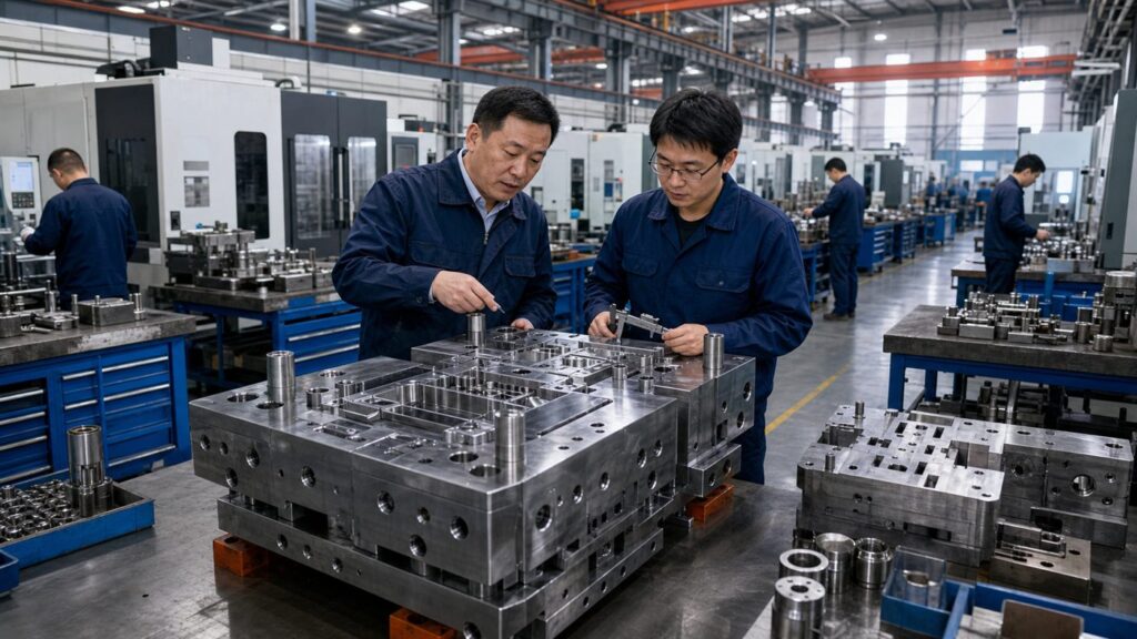 Chinese mold factory manager and engineer reviewing a large steel injection mold in a tooling workshop