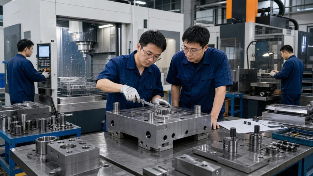 Chinese tool and die factory technicians inspecting a precision steel die block after CNC machining
