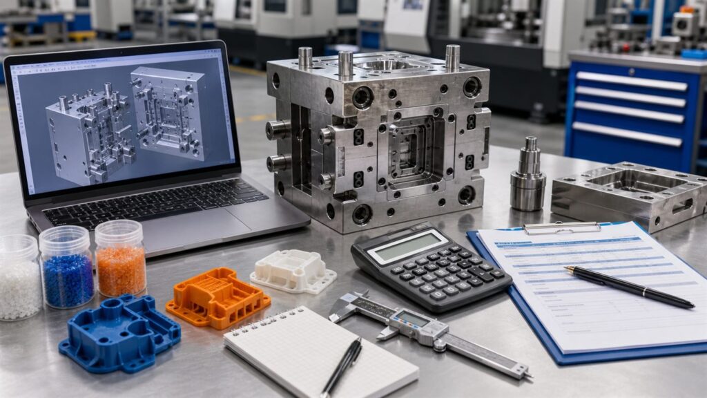 Injection mold cost estimating desk with mold base, CAD model, calculator, resin samples, and measuring tools