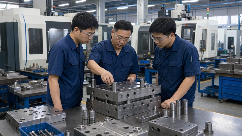 Chinese mold technician training workers on mold base assembly in a professional injection mold factory