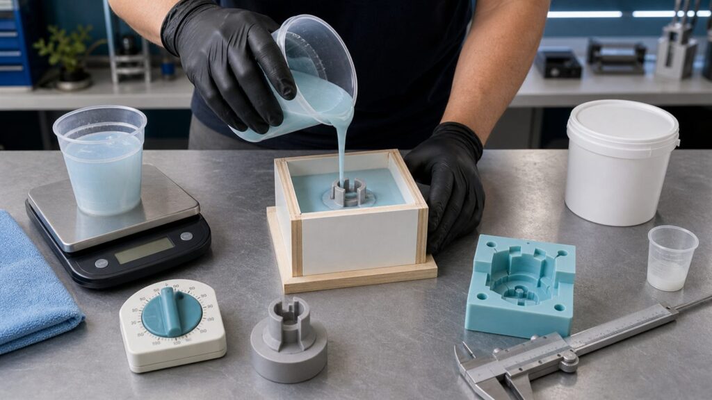 Fast-cure silicone being poured into a small mold box on a rapid prototyping workbench