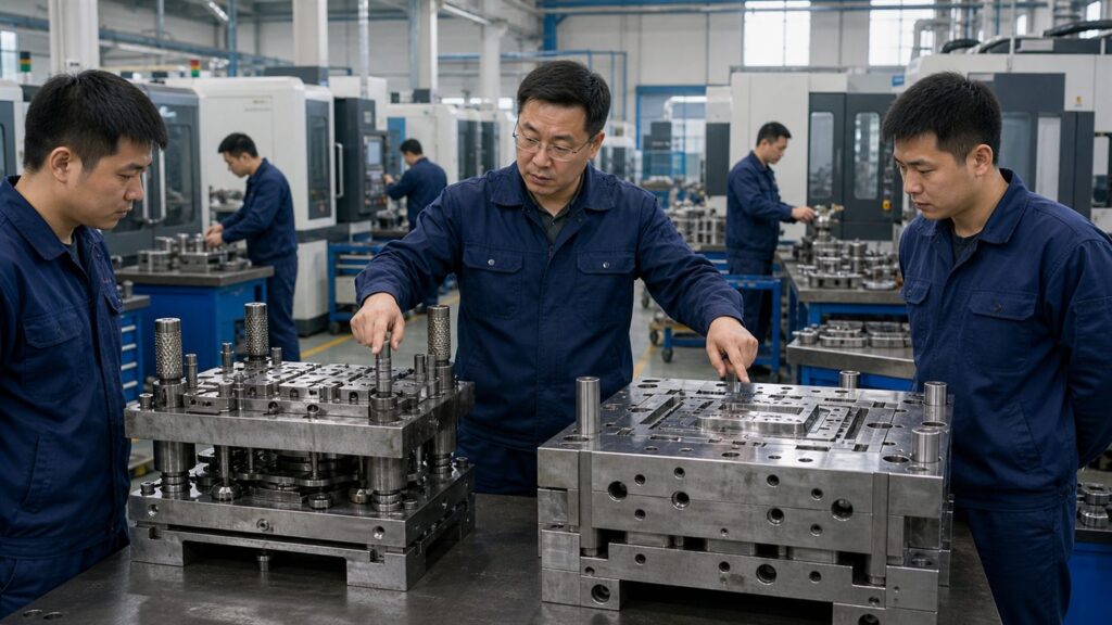 Chinese tooling engineer comparing a stamping die and injection mold in a mold factory workshop