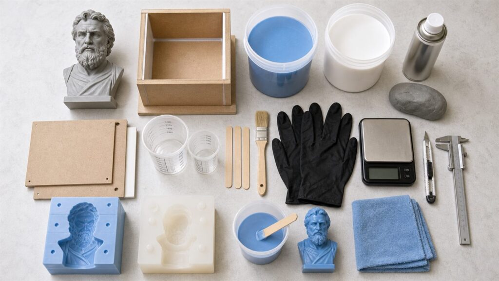 Complete mold-making toolkit with master pattern, silicone, mold box, release agent, clay, scale, gloves, and tools