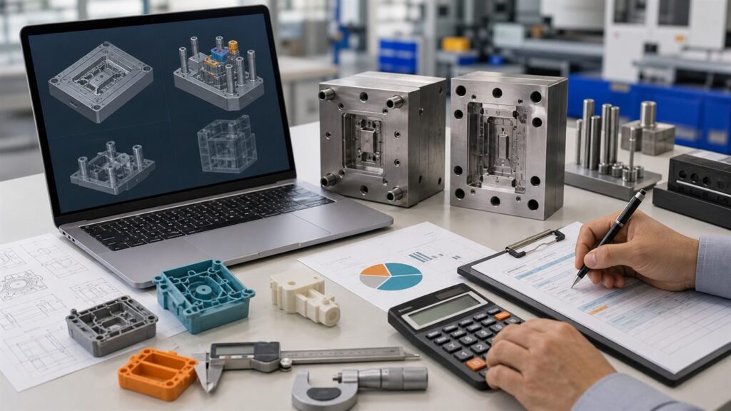 Mold making cost planning desk with CAD model, calculator, calipers, plastic samples, and mold insert