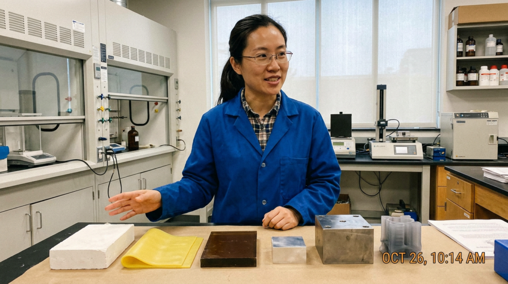 Chinese female engineer displaying six different mold making material samples in lab