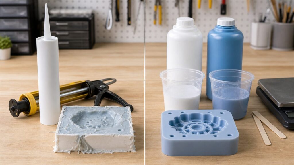 Comparison of regular silicone caulk and two-part RTV mold-making silicone on a clean workbench