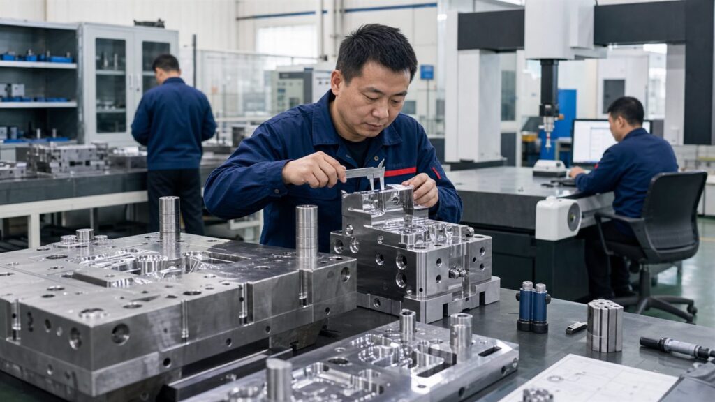 Chinese quality inspector checking a precision steel mold insert with CMM equipment in a mold factory