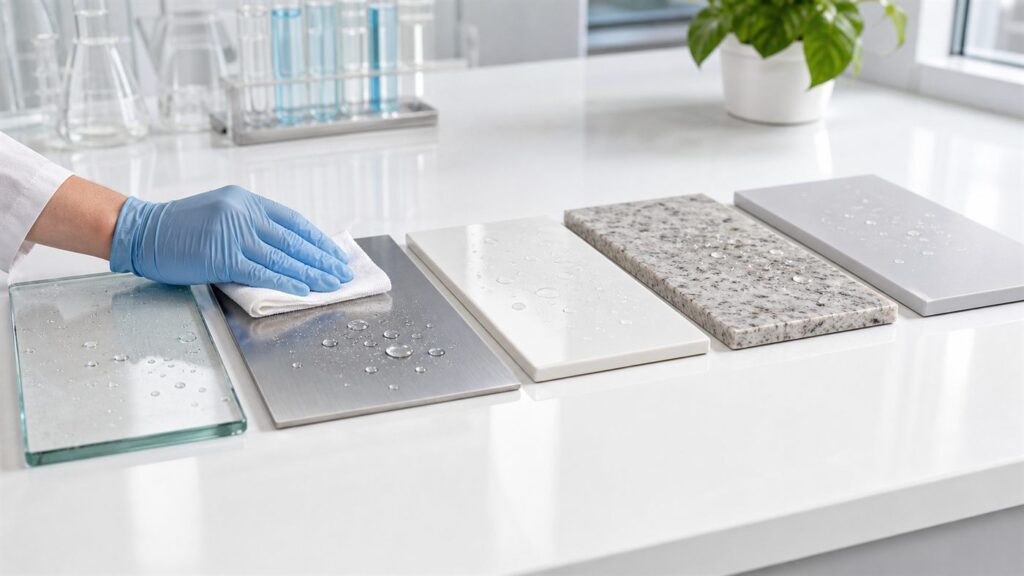 Clean mold-resistant material samples including glass, stainless steel, ceramic tile, stone, and plastic