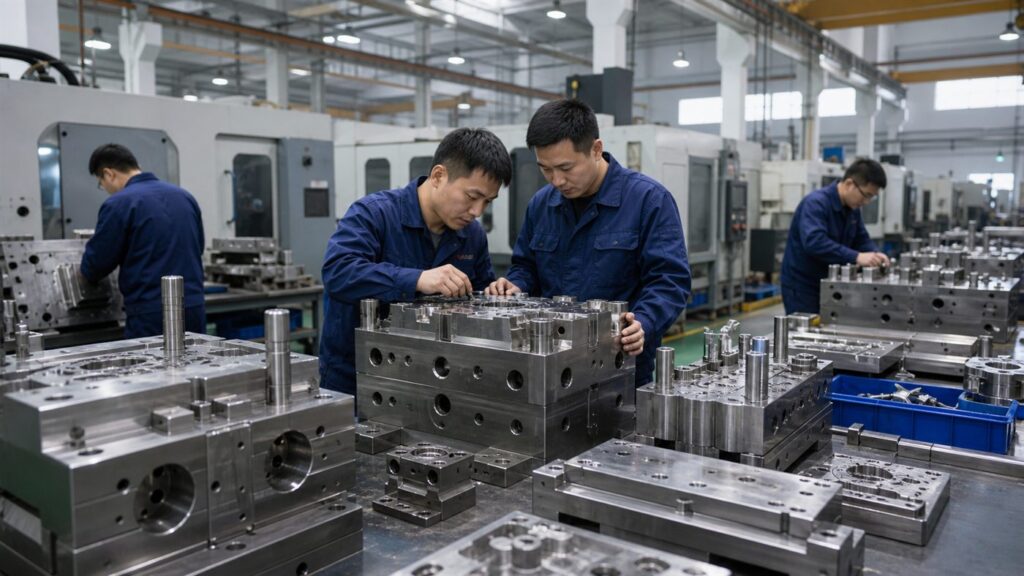 Chinese mold technicians assembling precision steel mold components in a modern mold factory